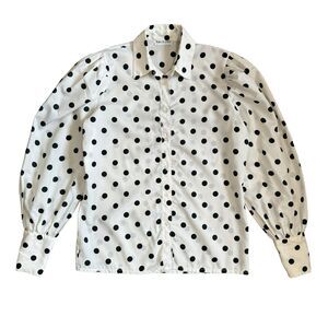 Vtg Polka Dot White Black Blouse Shirt size 12